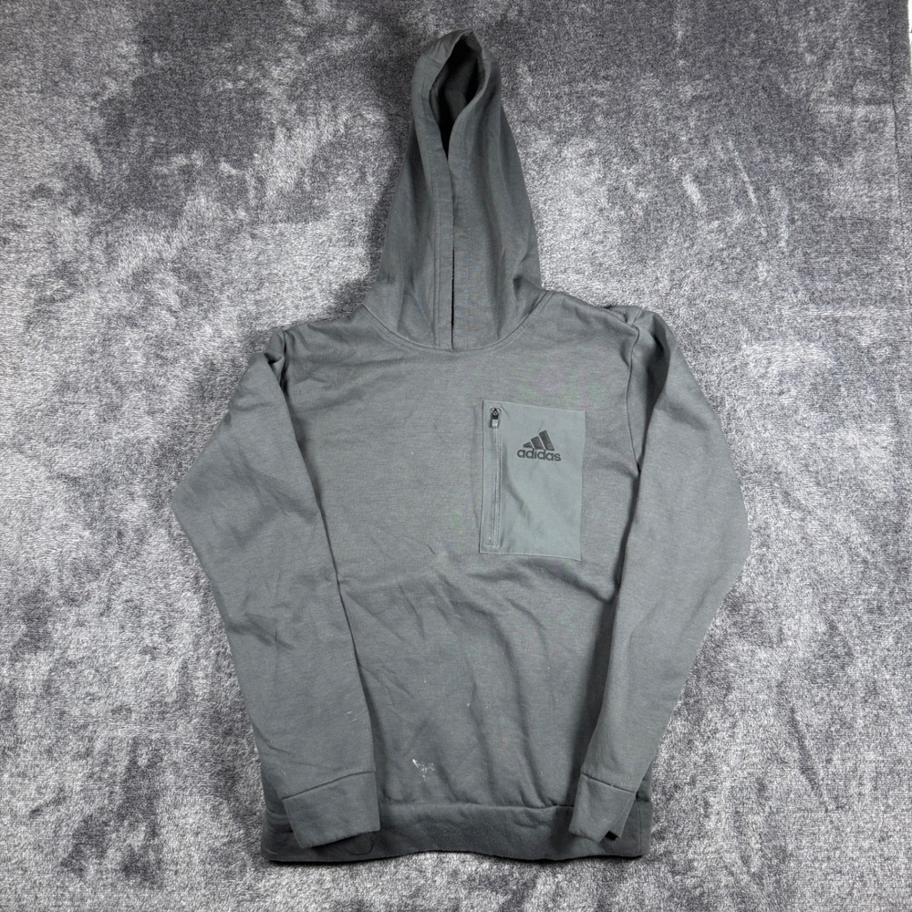 Adidas Mens Small Gray Recycled Polyester Fleece Hoodie Zip Chest Pocket